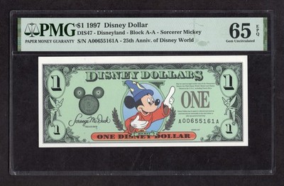 1997 $1 Disney Dollar DIS47 Disneyland Block A-A Sorcerer Mickey - PMG 65 EPQ