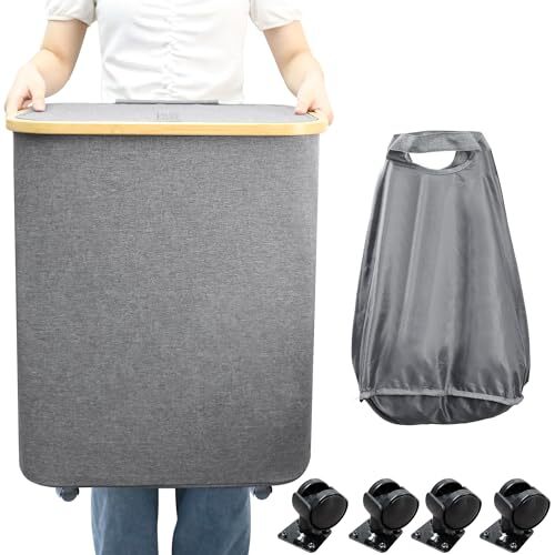 Laundry Hamper with Wheels 70L Lidded Laundry Basket with Handle for Easy to ...-image