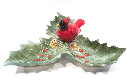 Red Bird Cardinal Pine Cones Ceramic Triple Bowl Dish 10-1/2" - Picture 2 of 4