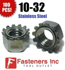 (Qty 100) 10-32 Kep Hex Star Lock Nuts Stainless Steel Fine Thread 18-8 / 304