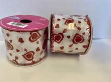 2x Valentine's Day wired ribbon white w/ red glitter hearts 2.5in x 6yds