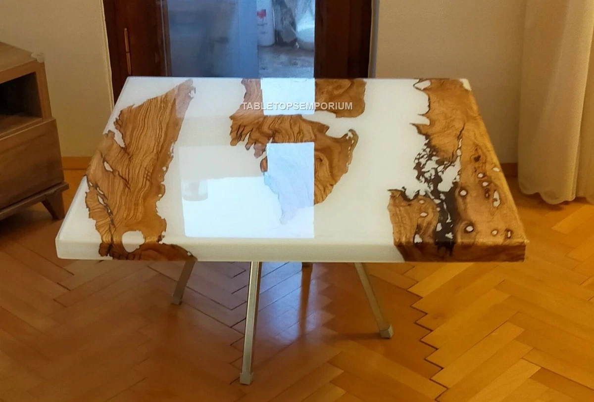 White Epoxy Table with Clear Resin Custom Table Acacia Wooden End Table Tops