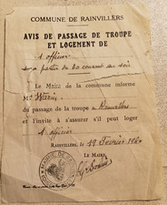 1940 militaire rainvillers avis de passage de troupe et logement de 1 officier