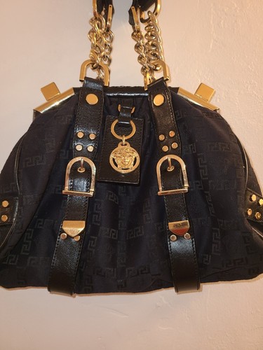 VERSACE BORSA AUTHENTIC Satchel Handbag Black Leather & Cloth Gold Hardware - Picture 11 of 23