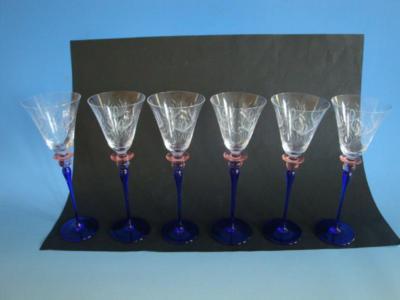 Vintage 6 La Vida Weingläser Glas wohl 80er blau pink transparent (0218-219)