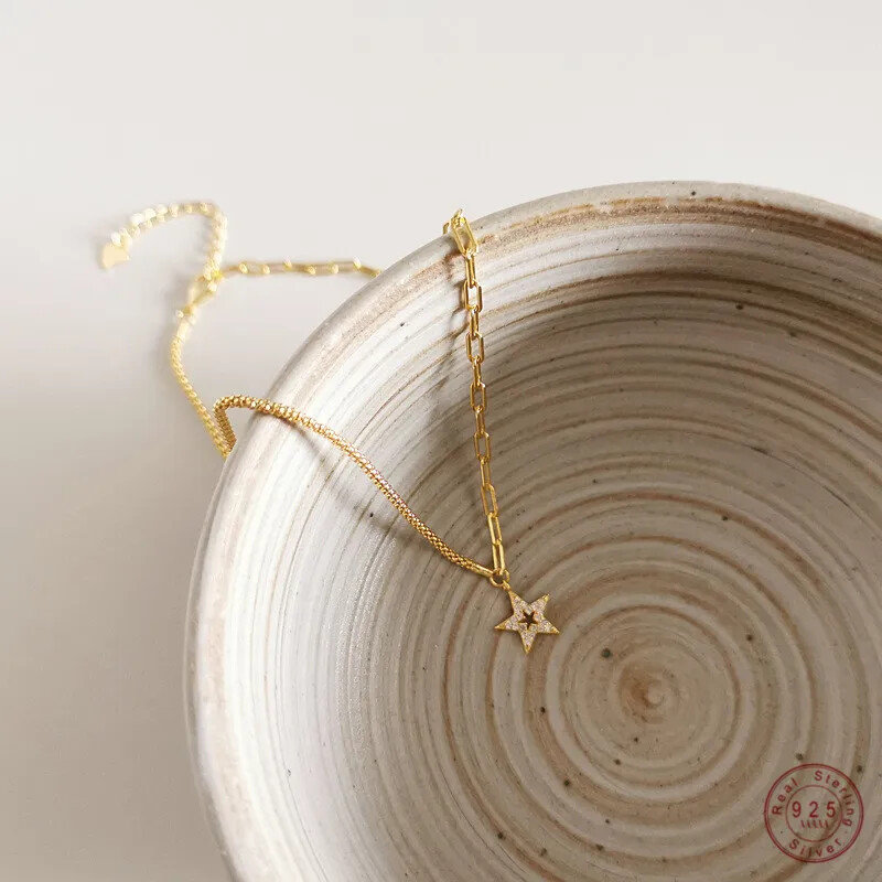 925 Sterling Silver   Golden Star Clavicle Chain Necklace Women Light Luxury