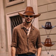 Men's Wide Brim Leather Western Cowboy Hat Riding Sun Protect Cap Travel Outdoor