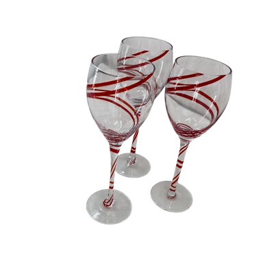 Set of 3 Pier 1 Swirline Ruby Red Swirl Wine Glasses Balloon Stemmed 9 in Tall 