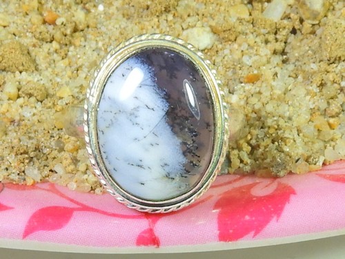 Anello ovale fatto a mano in argento sterling 925 opale dendrite naturale reg...