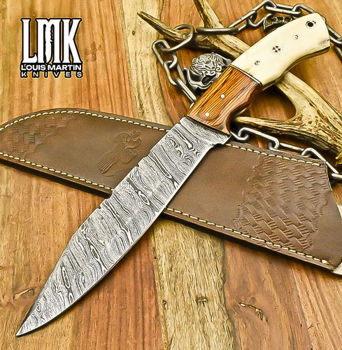 LMK Custom Machete Bowie Knife Twist Damascus Bone Wooden Bolster Fishing