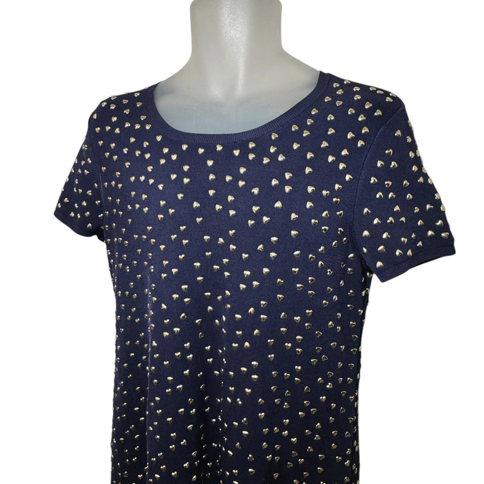 $350 MICHAEL KORS abito in maglia blu navy con borchie cuore oro taglia L 10 12 NUOVO