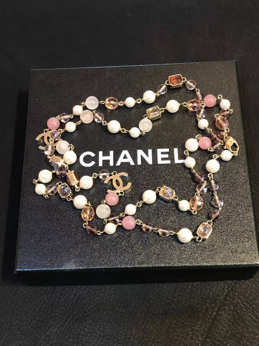 CHANEL Necklace Chain AUTH Coco Vintage Rare CC Pink Stone Pearl Long F/S  ch79