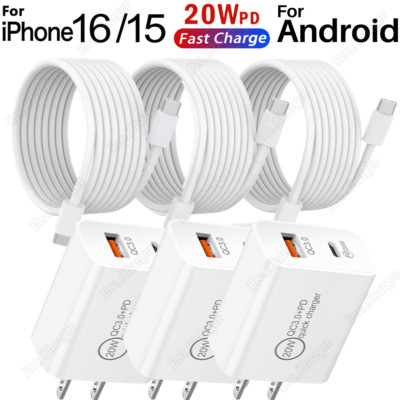 For iPhone 16 15 iPad Pro Samsung USB C 20W Fast Charger Block PD Type C Cable
