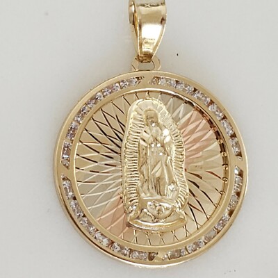 Mother Mary Circle Pendant 14k Yellow Gold Virgin Mary Holy Mother