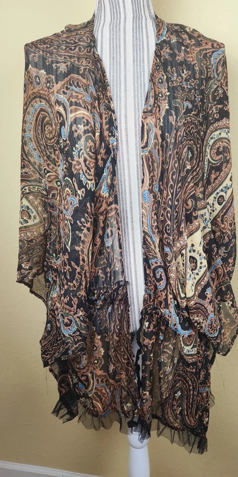Cárdigan Avenue Kimono Manga Para Mujer 2x Paisley Boho Marrón Abierto Delantero Brazo Agujero Foto 2 de 4