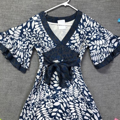Walter Dress Womens Medium Blue White Floral V Neck Tie Waist Ruffle Sleeve