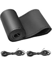 Universal Leather Car Steering Wheel Cover, Stitch On Wrap Size M4 Black