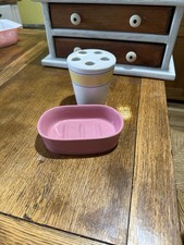 Vintage Pink Soap Dish And Blue Stripe Toothbrush Holder