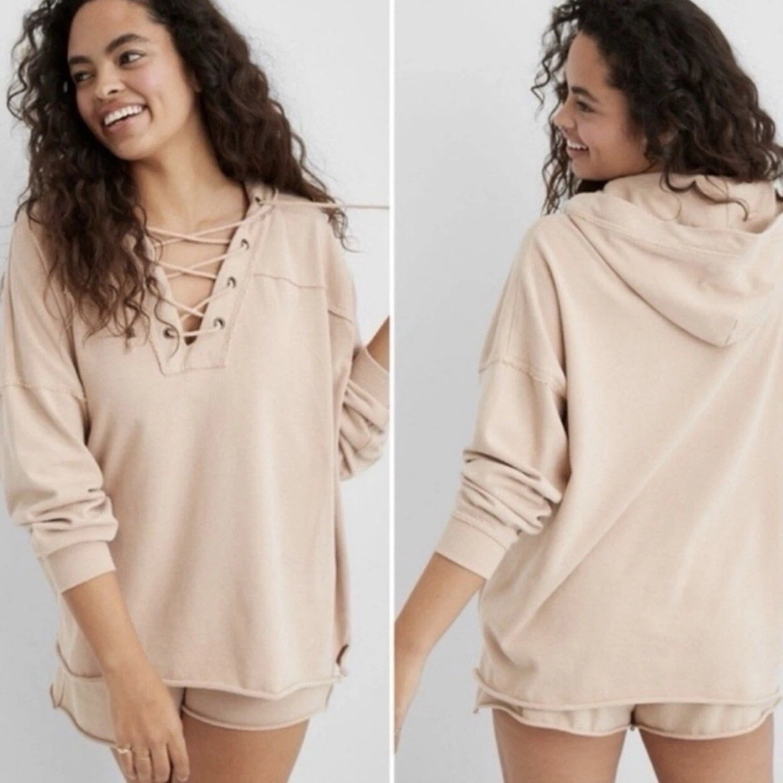 Aerie Sunday Soft Lace-Up Oversized Hoodie in Blush Peach, Size XS
