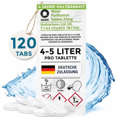 120 Trinkwasser Tabletten je 4-5 L, Wasserreinigungstabletten Camping, Reise