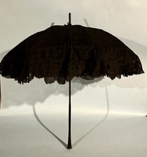 VTG Parasol Umbrella Blk Lace Carved Wooden Handle Floral Birds Of Prey Goth 