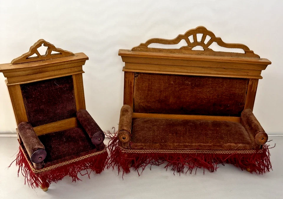 Antique German Schneegas Walterhausen Sofa & Arm Chair Dollhouse Miniature Set - Image 2 of 4