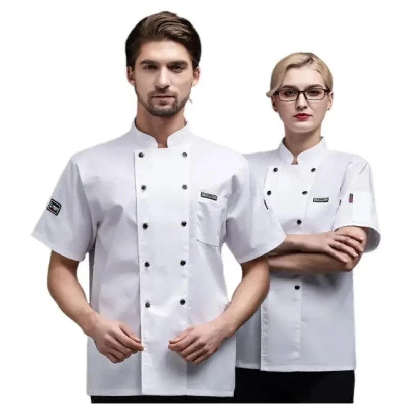 Womens Mens Chef Coat Jacket Short Sleeve Restaurant Hotel Cook Uniform Shirt - Image 2 of 4