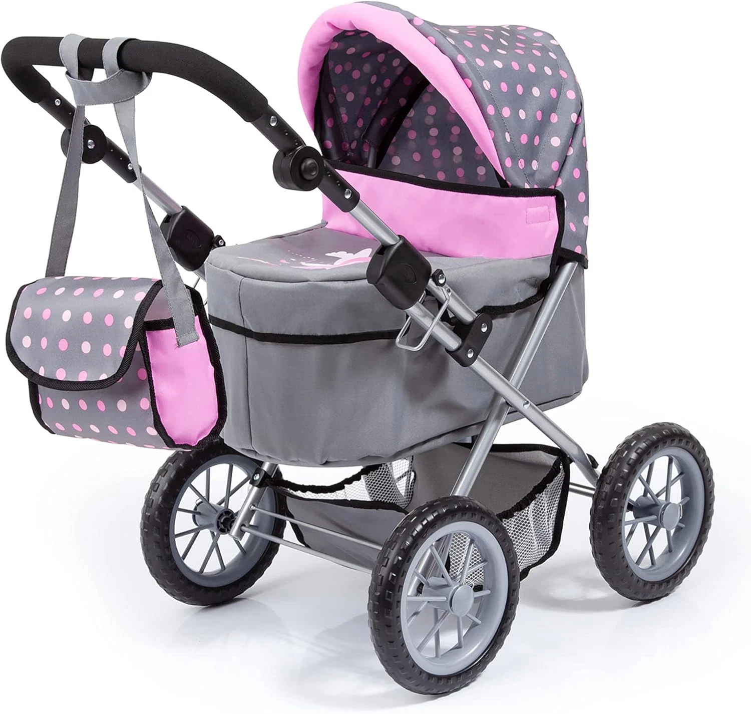 Trendy Doll Pram Stroller for Girls, Adjustable Handle, Carriage with Bag, Fits