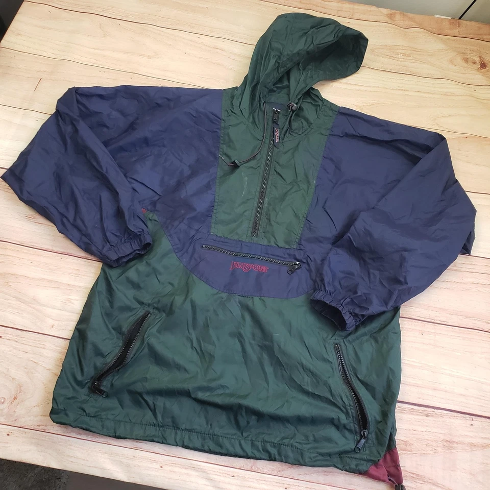 Jaqueta masculina vintage JanSport verde média náilon marinho com capuz Anorak pulôver anos 90 - Imagem 2 de 4