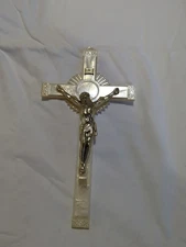 Vintage Jesus Crucifix White Pearl Celluloid Wall Hanging Cross 12”   
