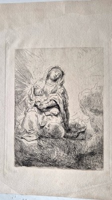 Antique etching Rembrandt Van Rijn,  18th-19th century, Virgin and child. 