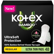 Kotex Bamboo Ultra Thin Pads with Wings, Regular Absorbency, 48 Count Packag...