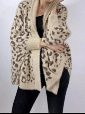 Women's HEIMISH Beige Brown Leopard Print Wrap Cardigan M/L