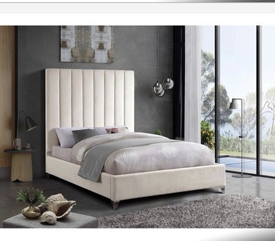Modern Beige Velvet Upholstered Platform Bed Frame with Tall Headboard, Queen
