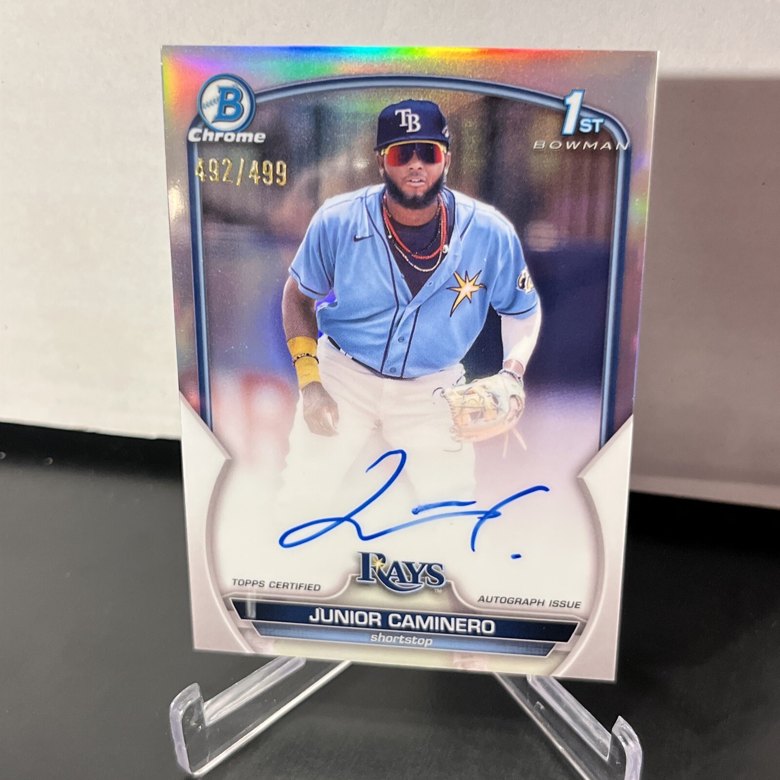 2023 Bowman Chrome Junior Caminero Refractor Auto #’d /499 Rays CPA-JCR