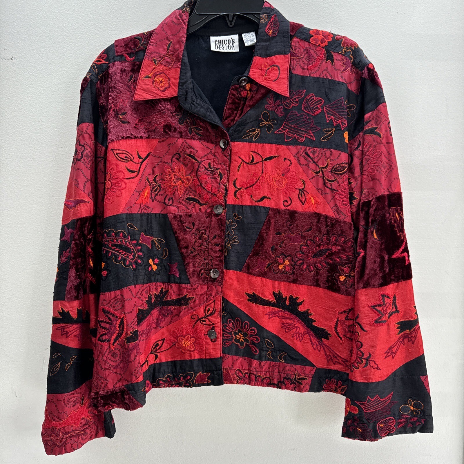 CHICO'S Jacket Size 3 Silk Floral Patchwork Button Front Long Sleeve Woven Red eBay