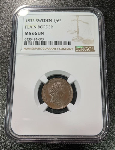 1832 MS66 BN Sweden 1/6 Skilling KM 634 NGC Only 1 Graded Higher! Plain Border