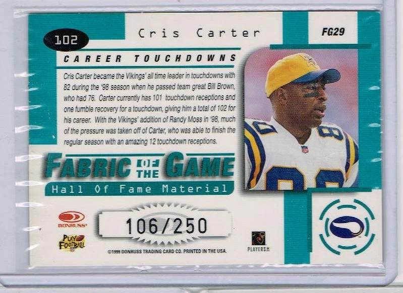 1999 LEAF CERTIFIED FABRIC OF THE GAME CRIS CARTER 106/250 HOF *NM/MT* - Image 2 of 2