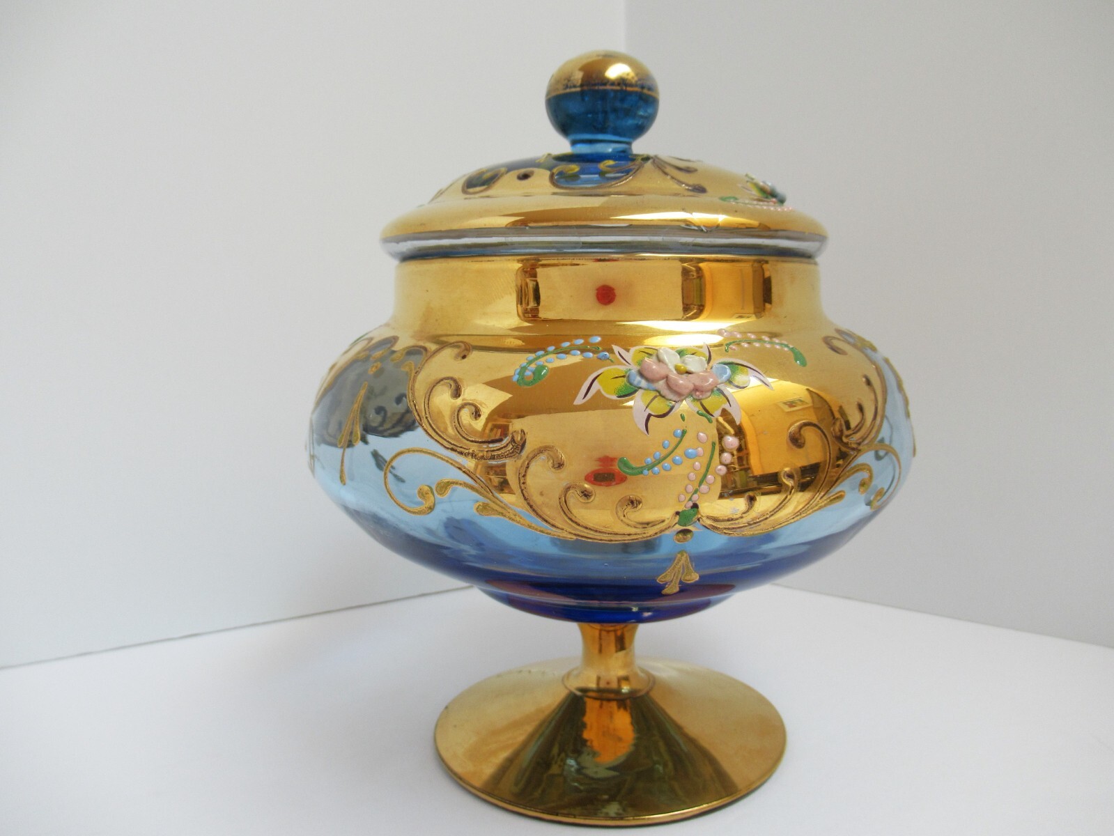 Vintage Bohemian Blue Glass Footed Covered Candy Dish Gilding Raised