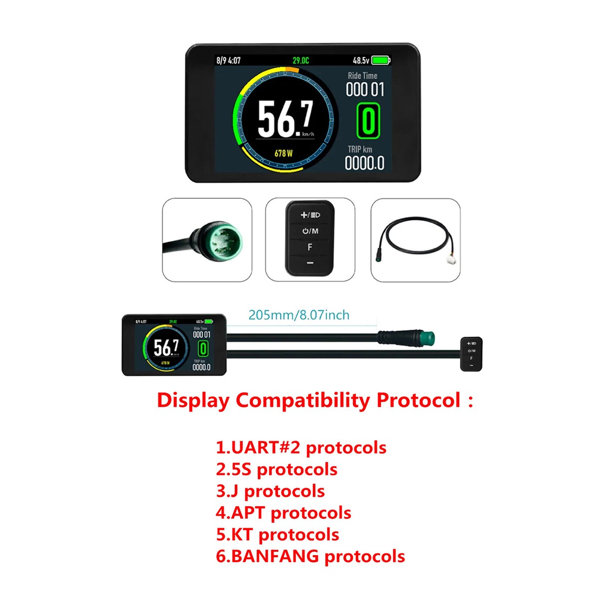 LVYXON LCD E-Bike Display voor 24V 36V 48V met UART 2 Protocol, 5-Pin Interface Kabel, ABS Behuizing, voor 22.2mm Stuur