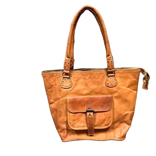 Noonday Collection Tote Bag Purse Rustic Goat Leather Large Brown Tan Retro Aged