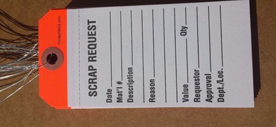 100 Scrap Request manifold Material inventory inspection paper hang tags w wires