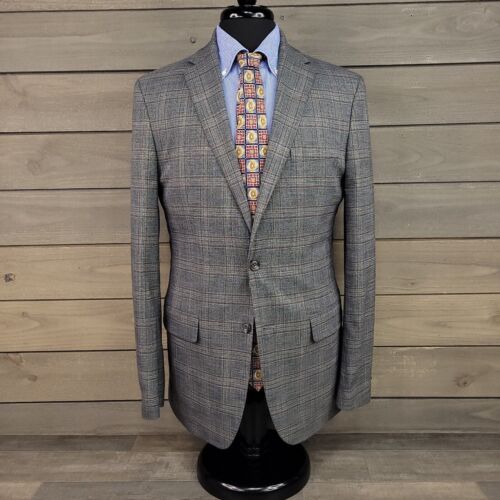 Tommy Hilfiger Blazer Mens 40L Gray Brown Plaid Sport Coat 2 Button Jacket