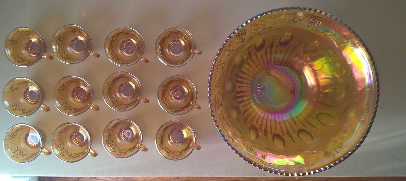 Indiana Carnival Glass Punch Bowl 12 Cups Set Grape Leaf Iridescent Gold Vintage