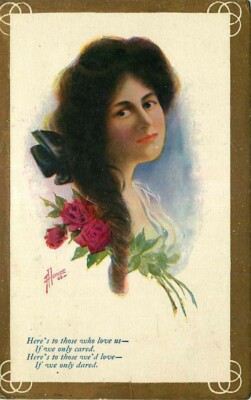 Postcard Beautiful Woman, Verse & Gold Border #9 - F. Heinze
