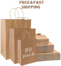 90-Pack Brown Kraft Paper Bags with Handles Bulk, Assorted Sizes Gift Bags,,,,