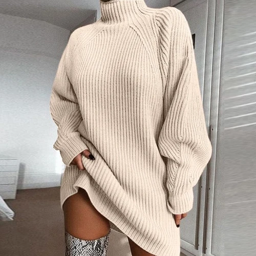 Elegant Women Turtleneck Oversized Knitted Dress Long Sleeve Mini Sweater Dress - Picture 8 of 19