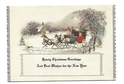 Vtg Christmas Card Red Coach Horses People Home County Silver Side Trim 1930's? 