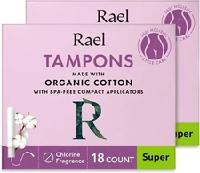 Rael Super Compact Tampons made with Organic Cotton, BPA-Free (36 Count, Super)