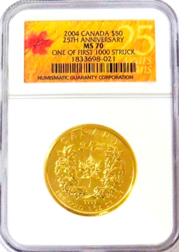 2004 Canada $50 MAPLE LEAF GOLD 25th Anniversary 1 Oz  .9999 Fine  NGC MS70 🇨🇦